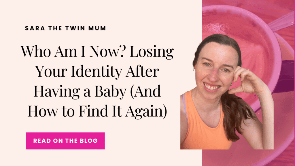 Smiling woman in orange top next to text that reads "Who am I now? Losing your identity after having a baby (and how to find it again)"